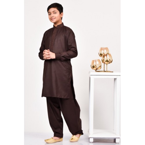 Dark Brown Pakistani Boys Festive Embroidered Kurta Set - Asian Couture Uk